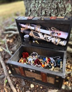 an open trunk sitting on the ground next to a tree with jewelry in it's lid