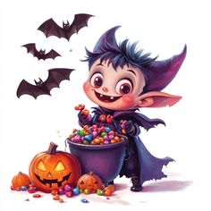 a little boy dressed up as a witch with candy in a bucket and bats around him