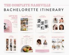 the complete nashville bachelor itinerary brochure is shown in pink and white