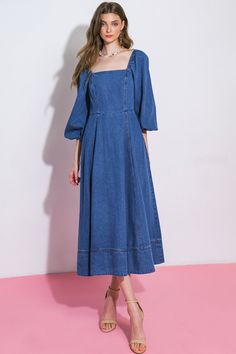 Square Neck Medium Wash Denim Dress For Summer, Summer Denim Square Neck Dress, Summer Denim Dress With Square Neck, Fitted Long Sleeve Denim Blue Midi Dress, Square Neck Denim Summer Dress, Fall Denim Puff Sleeve Dress, Fall Denim Dress With Puff Sleeves, Spring Denim Dress With Square Neck In Medium Wash, Spring Medium Wash Denim Dress With Square Neck