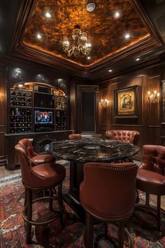 this is an elegant wine cellar with marble top table and brown leather bar stools