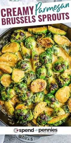 a pan filled with brussel sprouts and sauce