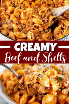 creamy beef and shells pasta in a white bowl with a serving spoon on the side