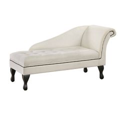 a white chaise lounger with black trimmings on the legs and back