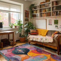 a living room filled with furniture and bookshelves next to a window covered in plants