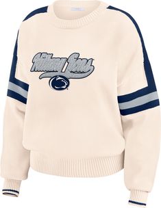 Design Long sleeve, pullover sweater Rib-knit design Relaxed, boxy fit Style and Team Spirit Chenille team graphics Team name typography on back Additional Details Machine washable Officially licensed product Name Typography, Football Sweater, Erin Andrews, Long Sleeve Pullover Sweater, Penn State, Sweaters Crewneck, Sweater Knit, Knitting Designs, Stripe Sweater