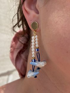 Sweet, sweet seagulls ✨̼ ✦ Gold-plated brass earrings featuring mixed materials of porcelain and faux pearls. ✦ Measures approximately 2.5" in length. ✦ Handmade with 💘 in NYC. Accessorize Bags, Book Clothes, Bandana Hairstyles, Jewelry Pins, Hair Fragrance, Garden Shop, Sweet Sweet, Brass Earrings, Winter Accessories