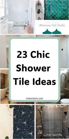 23 stylish shower tile designs displayed in a collage, featuring various patterns and colors. Pebble Floor