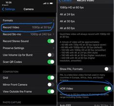 two screens showing the settings for recording videos on an iphone or ipad, and how to record them