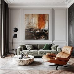 a living room with two couches and a large painting on the wall above it