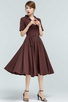 "This swing dress is a 50s inspired shirt dress , featuring classic open neck, notched collar, and center front button closure, finished with a swing skirt, and handy side seam pockets. DETAIL * Made of linen- cotton fabric * 50% linen ,50% cotton * Two seam pocket * Button front closure * Short sleeve * Notched collar * Below knee * Tie belt * More color and More size https://www.etsy.com/listing/796635759/ SIZE GUIDE Size vary between Brand and Country Please get your body measurement with our Fitted Short Sleeve Midi Dress With Placket, Summer Vintage A-line Pleated Dress, Fitted Midi Dress With Placket And Short Sleeves, Classic A-line Vintage Dress With Button Closure, Summer Dress With Solid Color And Placket, Summer Dress With Placket, Solid Summer Dress With Placket, Classic Belted Short Sleeve Shirt Dress, Classic Belted Shirt Dress With Short Sleeves