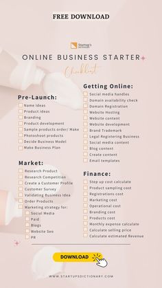 Image with text overlay - Online Business Starter checklist - Free download Business Startup Checklist, Startup Checklist, Starting A Clothing Business, Business Plan Outline, Online Business Plan, Business Plan Template Free, Successful Business Tips