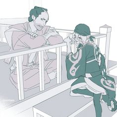 a drawing of two people sitting on a bench and one is talking on the phone