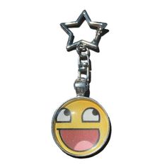 a smiley face keychain with a star on the front and bottom, hanging from a metal chain