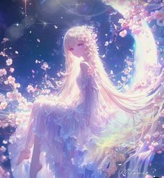 a woman with long white hair standing in front of a full moon and flower filled sky