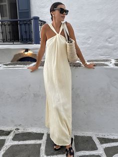 Creamy Halter Long Dress Halter Beach Dress, White Beach Party Outfits Women, Resort Fashion 2024, Greek Aesthetic Fashion, Greece Aesthetics Outfit, Beach Honeymoon Outfits, Greece Lookbook, White Vacation Dress