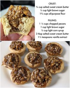 the recipe for mini pecan pies is shown in three different pictures and includes instructions to make them