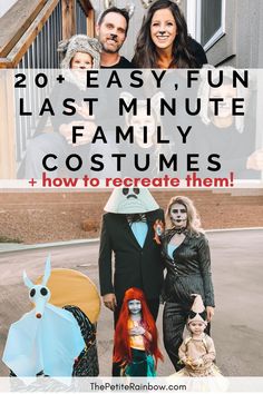 family halloween costumes with text overlay that reads, 20 easy fun last minute family costumes how to recycle them