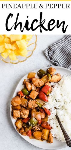 pineapple and pepper chicken on a plate with rice