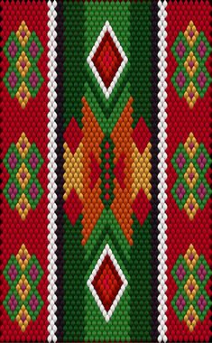 a cross stitch pattern in red, green and orange colors with diamond shapes on it