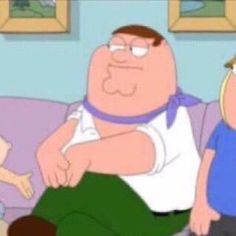 the family guy is sitting on a couch with his arm around another man's shoulder