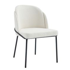 an upholstered chair with black legs and a white fabric seat pad on the back