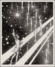 a black and white drawing of people walking on stage with stars in the sky behind them