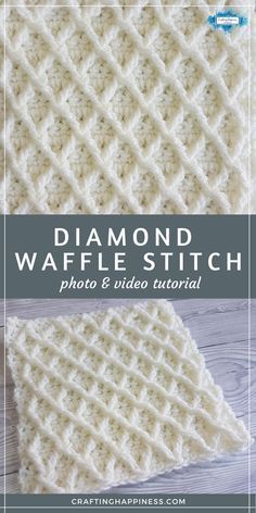 the diamond waffle stitch pattern is shown in white yarn and sits on top of a wooden