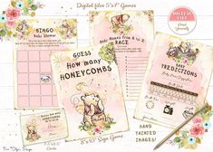 three baby shower games with pink flowers and elephants on the front, one for each child