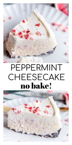 two pieces of peppermint cheesecake on a white plate with the words, no bake