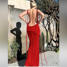 a woman in a long red dress standing next to a cactus and looking at the wall