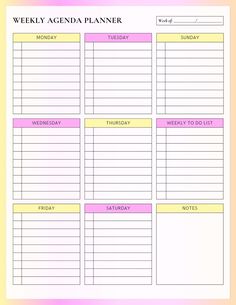 a printable weekly agenda planner with pink and yellow lines on the side, in front of a white background