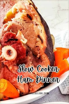 Perfect for a cozy and satisfying meal.This slow cooker ham dinner is chock full of potatoes and carrot and is  popular anytime, but it's especially popular during the holidays, such  as Thanksgiving, Christmas, and Easter. Crockpot Ham And Potatoes, Veggies Dinner, Creamy Green Beans, Ham And Cabbage, Whole Ham, Ham Dinner, Oven Vegetables, Slow Cooker Ham, Crockpot Ham