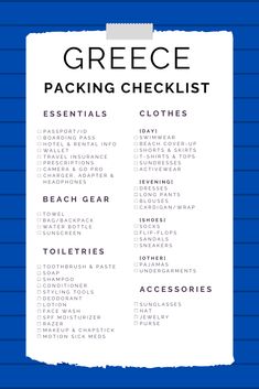 the greek packing checklist on a blue background