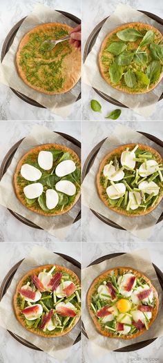 four different views of the process of making a pizza with spinach, cheese and prosciutto