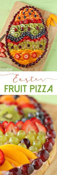 a fruit pizza on a cutting board with the words easy to make and instructions below