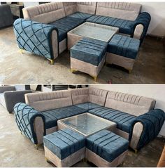 two pictures of the same couch and coffee table in different stages of being upholstered