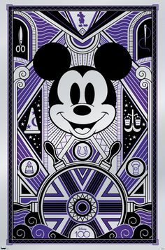 the poster for mickey mouse's show is shown in black and purple colors, with an abstract design