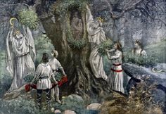 an old illustration of jesus and other people standing around a large tree in the woods