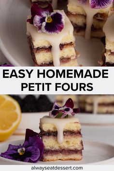 two pictures with the words easy homemade petit fours on them and an image of lemon slices