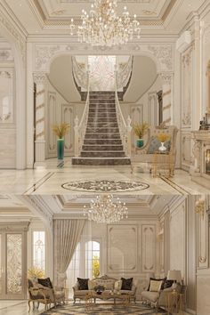 this is an image of a luxurious living room with stairs and chandelier in the middle