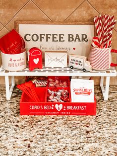 coffee bar display with red and white items