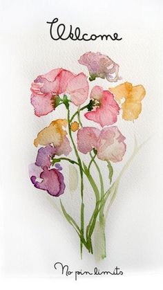 watercolor painting of pink and yellow flowers on white paper with green stems in the foreground