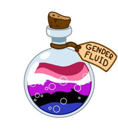 a bottle filled with liquid and a wooden sign that says gender fluid on the top