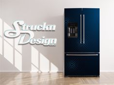 a blue refrigerator sitting next to a white wall with the words stuck in design on it