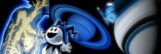 a cartoon character is standing in front of a blue and white background with an abstract design