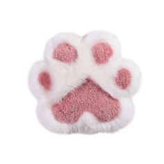 a pink and white paw print on the side of a furry toy