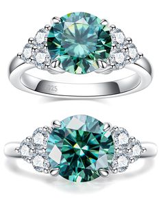 two engagement rings with an aqua green diamond in the center and white diamonds on each side