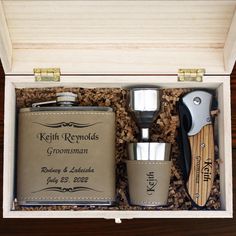 the groomsmen gift set includes two flasks, a cocktail shaker and a bottle opener