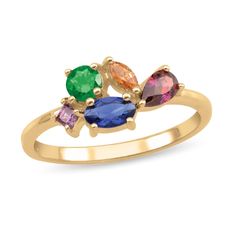 For the stylish mom, this personalized multi-shaped gemstone cluster ring in a unique and fun additional to her collection of everyday jewelry essentials. Crafted in the metal of your choosing This style showcases the five natural or simulated gemstones you select - glistening at the center in a scattered arrangement. Includes one each of a square-shaped, round, marquise-cut, pear-shaped and oval-shaped stone - the largest being 5.0 x 3.0mm each. Choose birthstones to each represent someone dear Mothers Ring 3 Stone Vintage, Modern Multi-stone Birthstone Ring For Promise, Yellow Gold Multi-stone Cluster Ring, Modern Multi-stone Birthstone Ring For Anniversary, Modern Multi-stone Birthstone Ring For Gift, Modern Multi-stone Birthstone Ring As Gift, Elegant Multicolor Stackable Birthstone Rings, Cluster Birthstone Ring Fine Jewelry, Elegant Multi-stone Cluster Birthstone Ring